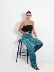 Teal Blue Velvet Wide Leg Trousers - Image 1 of 7