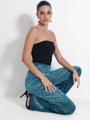 Teal Blue Velvet Wide Leg Trousers - Image 2 of 7