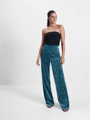 Teal Blue Velvet Wide Leg Trousers - Image 3 of 7