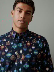 Navy Blue Bauble Christmas Printed Long Sleeve Shirt - Image 1 of 7