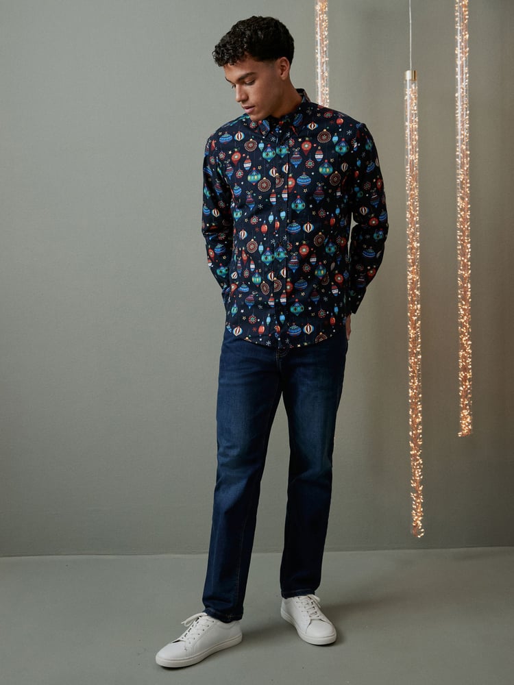 Navy Blue Bauble Christmas Printed Long Sleeve Shirt - Image 2 of 7