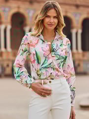 Sosandar Cream Floral Printed Blouson Sleeve Shirt - Image 1 of 5