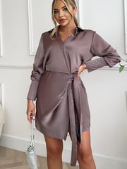 AX Paris Taupe Satin Wrap Long Sleeve Mini Dress - Image 4 of 4