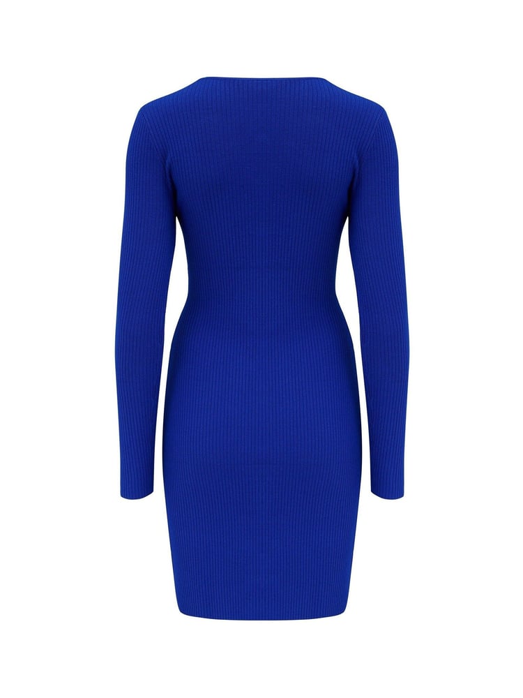 Pour Moi Blue Layla Rib Knit V-Neck Bodycon Mini Dress - Image 5 of 5