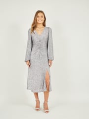 Yumi Silver Sequin Ruched Front Long Sleeve Midi Dress - Image 1 of 4