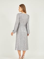 Yumi Silver Sequin Ruched Front Long Sleeve Midi Dress - Image 2 of 4