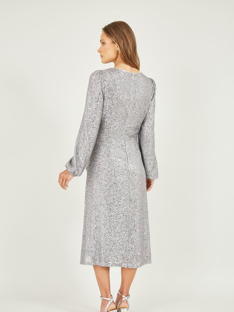 Yumi Silver Sequin Ruched Front Long Sleeve Midi Dress - Image 2 of 4