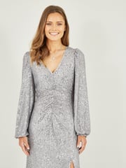 Yumi Silver Sequin Ruched Front Long Sleeve Midi Dress - Image 3 of 4