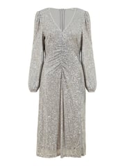 Yumi Silver Sequin Ruched Front Long Sleeve Midi Dress - Image 4 of 4