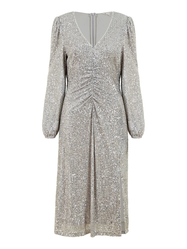 Yumi Silver Sequin Ruched Front Long Sleeve Midi Dress - Image 4 of 4