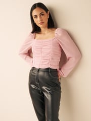 Pink Ruched Long Sleeve Georgette Top - Image 1 of 5