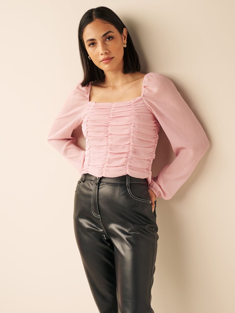 Pink Ruched Long Sleeve Georgette Top - Image 1 of 5