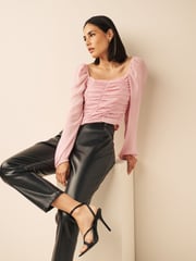 Pink Ruched Long Sleeve Georgette Top - Image 2 of 5