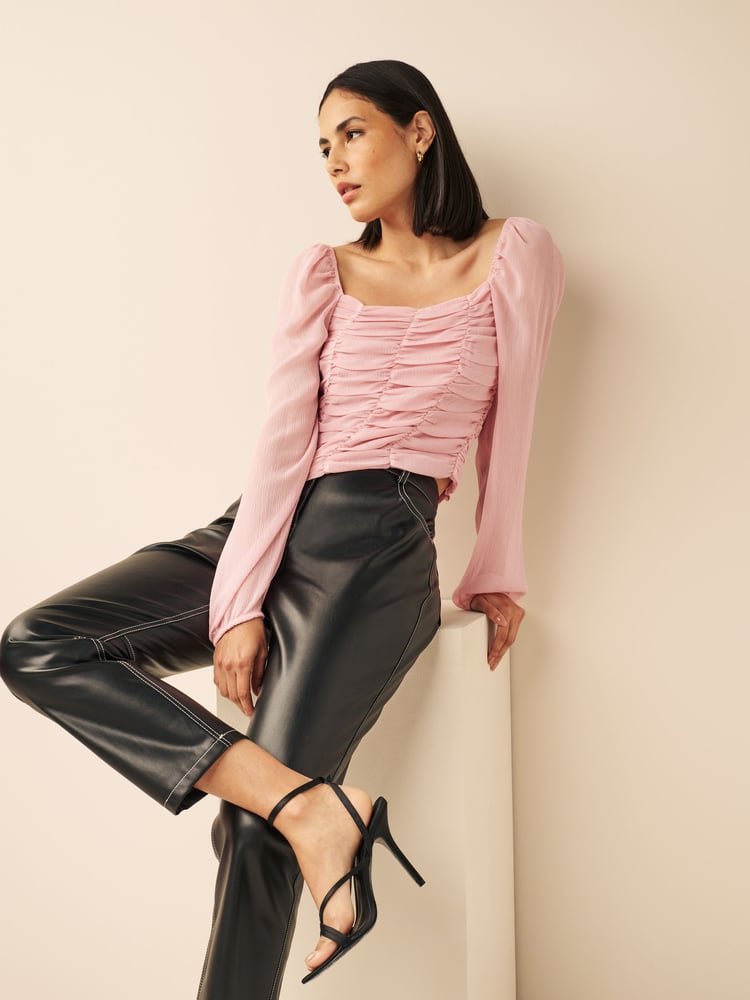 Pink Ruched Long Sleeve Georgette Top - Image 2 of 5