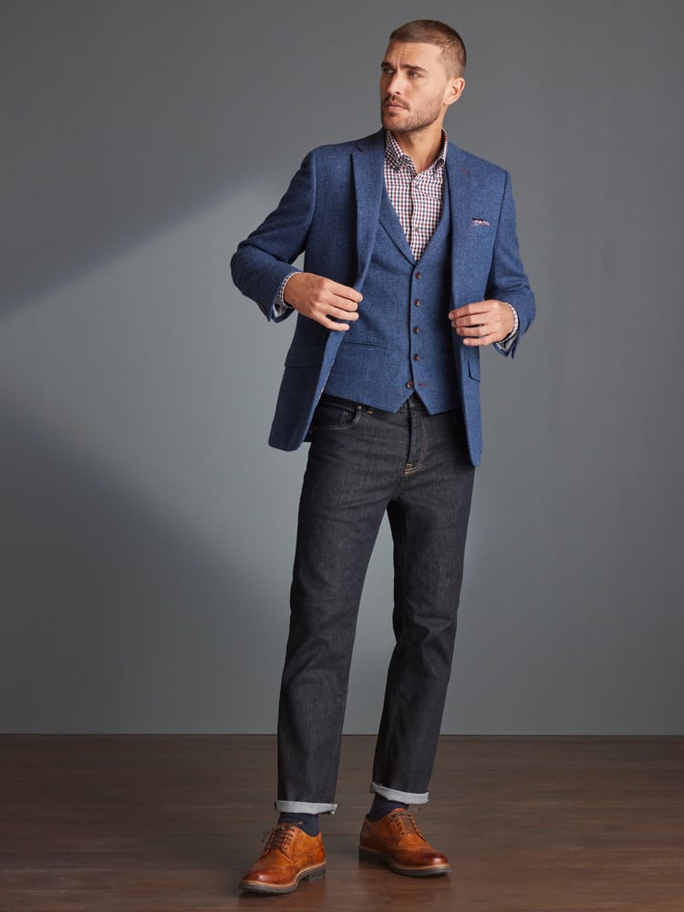 Blue Slim Fit Nova Fides Signature Herringbone Wool Blazer - Image 2 of 14