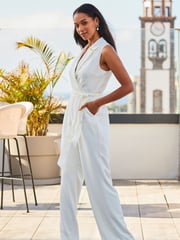 Sosandar Cream Wide Leg Halterneck Tailored Jumpsuit - Image 3 of 5