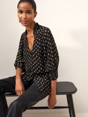 Black V-Neck Metallic Spot 3/4 Sleeve Blouse - Image 1 of 6