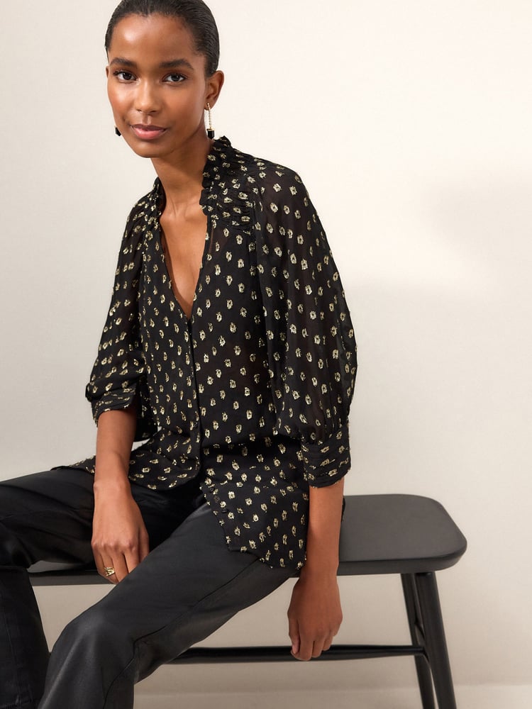 Black V-Neck Metallic Spot 3/4 Sleeve Blouse - Image 1 of 6