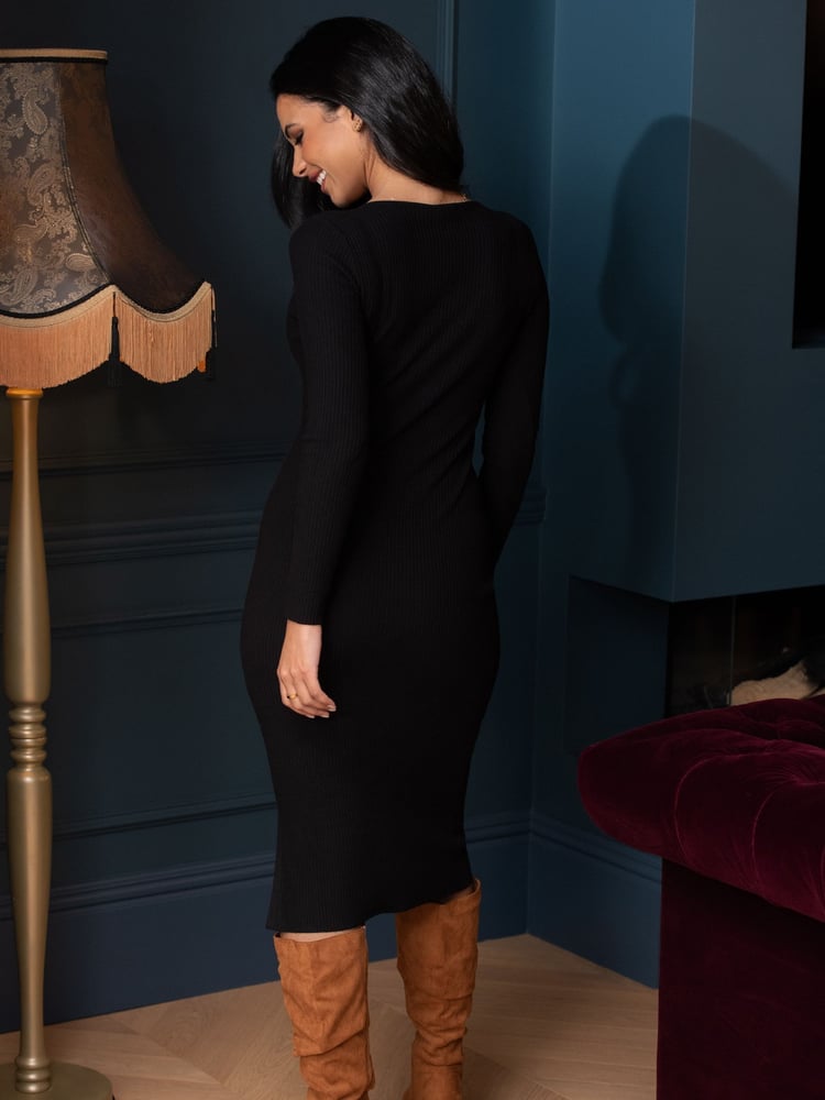 Pour Moi Black Layla Rib Knit V-Neck Bodycon Midi Dress - Image 2 of 5