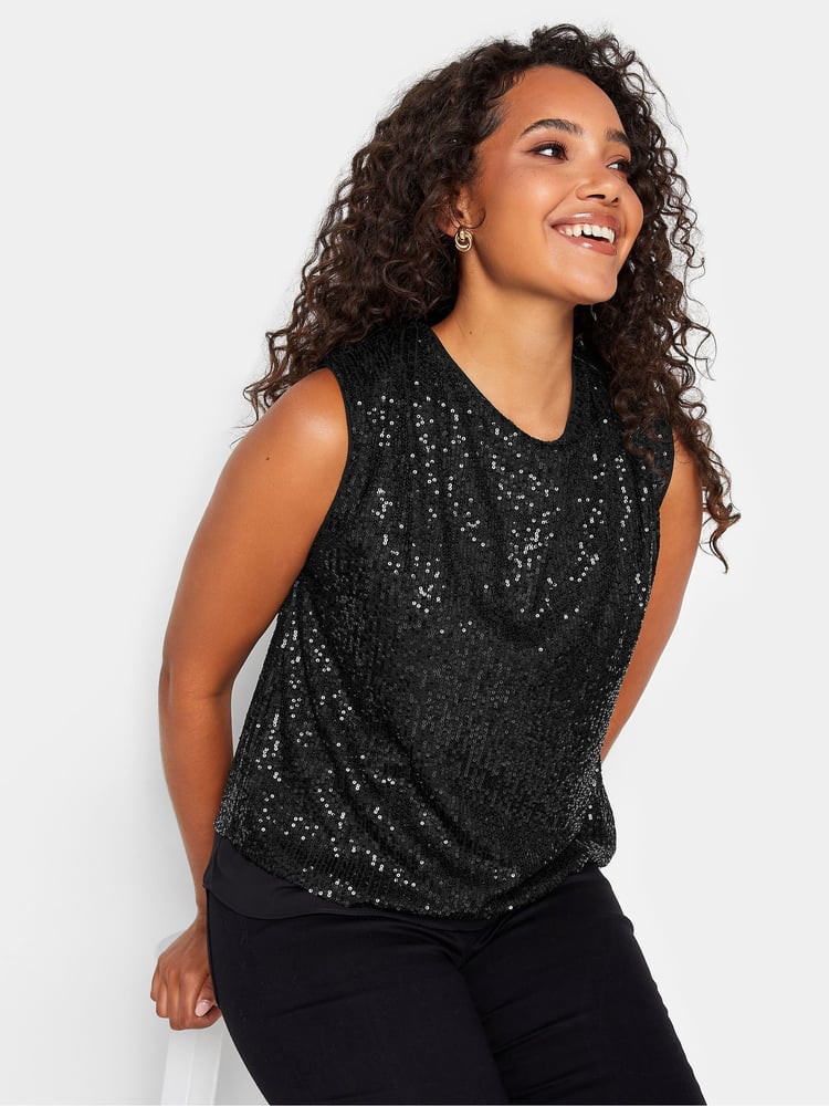 M&Co Black Sequin Tie Back Top - Image 1 of 4
