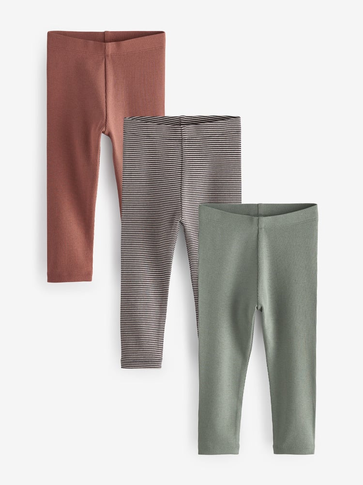 Rust Brown/Sage Green Stripe All Over Print Ribbed Leggings 3 Pack (3mths-7yrs) - Image 1 of 3