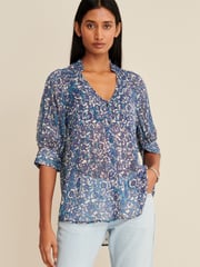 Blue Floral V-Neck Metallic Spot 3/4 Sleeve Blouse - Image 1 of 6