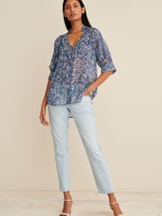 Blue Floral V-Neck Metallic Spot 3/4 Sleeve Blouse - Image 2 of 6