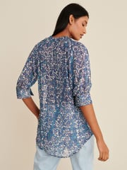Blue Floral V-Neck Metallic Spot 3/4 Sleeve Blouse - Image 3 of 6