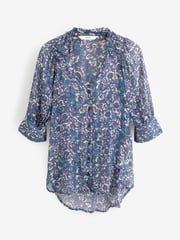 Blue Floral V-Neck Metallic Spot 3/4 Sleeve Blouse - Image 5 of 6