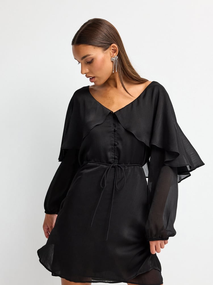 Black Textured Cape Long Sleeve Mini Dress - Image 1 of 6