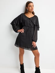 Black Textured Cape Long Sleeve Mini Dress - Image 2 of 6