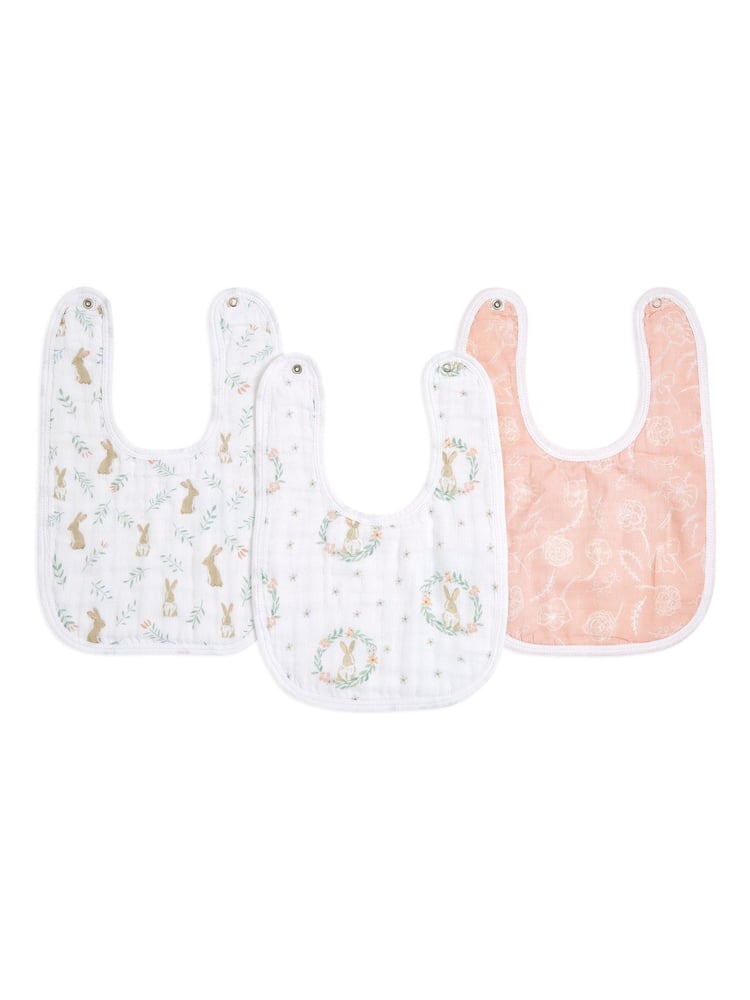 aden + anais Pink Essentials 100% Cotton Muslin Snap Bunnies Bibs 3 Pack - Image 1 of 2