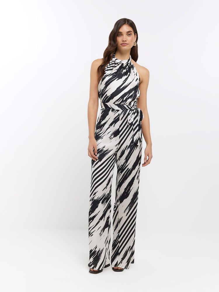River Island Black Striped Halter Neck Jumpsuit - Image 1 of 4