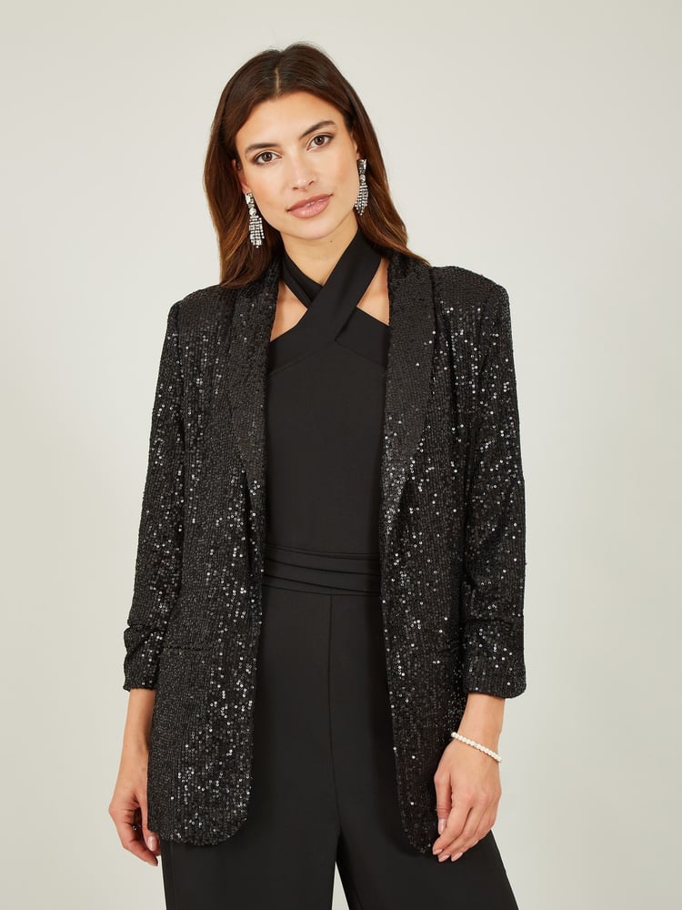 Yumi Black Sequin Blazer With Pockets - Image 1 of 5