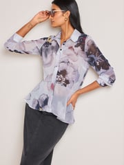 Grey/Black Abstract Printed Flutter Hem Long Sleeve Blouse - Image 1 of 6