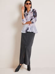 Grey/Black Abstract Printed Flutter Hem Long Sleeve Blouse - Image 3 of 6
