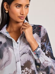 Grey/Black Abstract Printed Flutter Hem Long Sleeve Blouse - Image 4 of 6