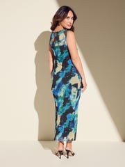 Myleene Klass Aqua Blue Printed Mesh Cowl Neck Midi Dress - Image 3 of 6
