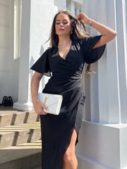 Girl In Mind Black Natasha Angel Sleeve Wrap Midi Dress - Image 3 of 4