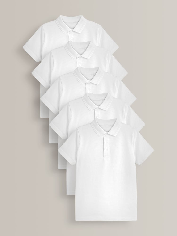 White Cotton School Short Sleeve 100% Cotton Polo Shirts 5 Pack (3-16yrs) - Image 1 of 6 White Cotton School Short Sleeve 100% Cotton Polo Shirts 5 Pack (3-16yrs) - Image 1 of 6