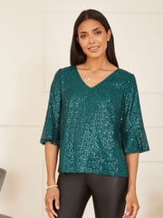 Yumi Green Sequin Top With Fluted Sleeve - Image 1 of 5