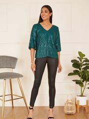 Yumi Green Sequin Top With Fluted Sleeve - Image 2 of 5