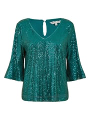 Yumi Green Sequin Top With Fluted Sleeve - Image 5 of 5