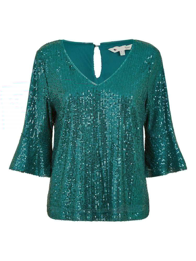 Yumi Green Sequin Top With Fluted Sleeve - Image 5 of 5