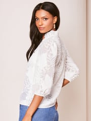 Lipsy White 3/4 Sleeve Burnout Tie Neck Blouse - Image 2 of 4
