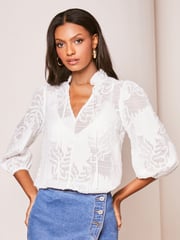 Lipsy White 3/4 Sleeve Burnout Tie Neck Blouse - Image 4 of 4