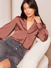 Lipsy Pink Grandad Collar V Neck Puff Sleeves Satin Blouse - Image 1 of 4