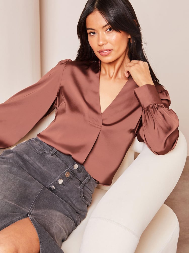 Lipsy Pink Grandad Collar V Neck Puff Sleeves Satin Blouse - Image 1 of 4