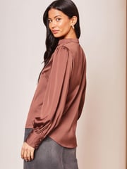 Lipsy Pink Grandad Collar V Neck Puff Sleeves Satin Blouse - Image 2 of 4