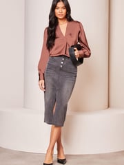 Lipsy Pink Grandad Collar V Neck Puff Sleeves Satin Blouse - Image 3 of 4